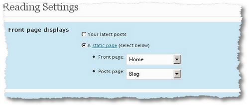 wordpress static page settings